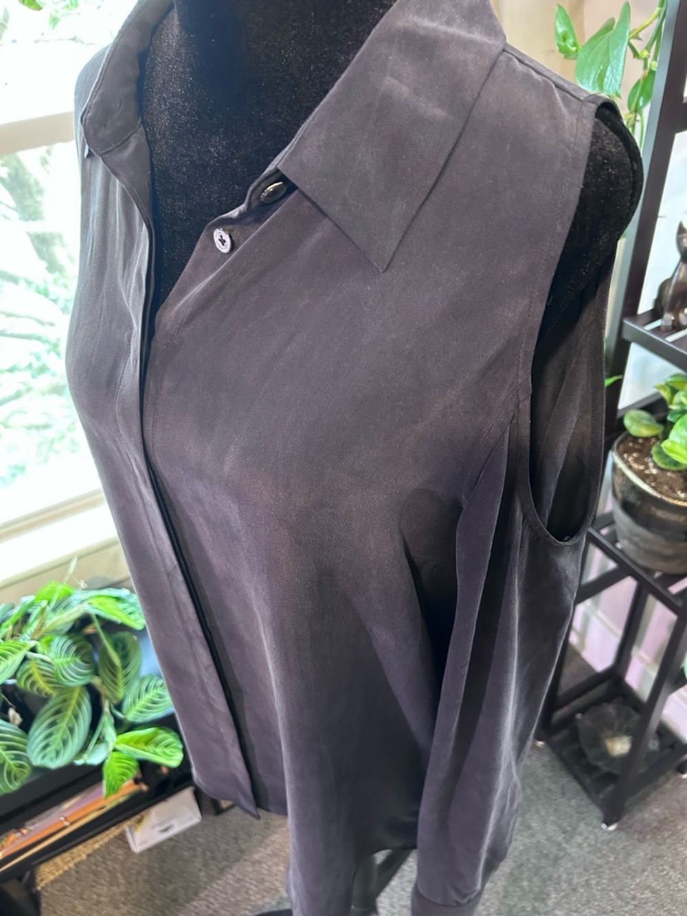 Equipment 100% Silk Cold Shoulder Button-Up Blouse in Deep Charcoal
